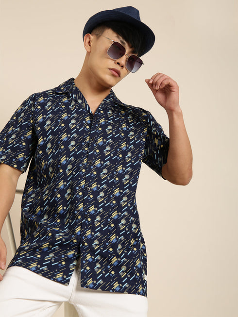 Navy Blue Printed Short Sleeves Shirt